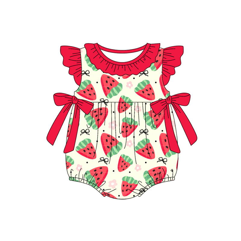Preorder moq 5 Baby Girls Red Flutter Sleeves Bows Strawberry Ruffle Rompers