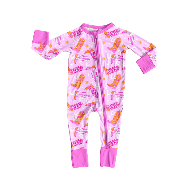 Preorder (moq 5)Baby Girls Long Sleeves Pink Boots Stars Plaid Zipper Romper