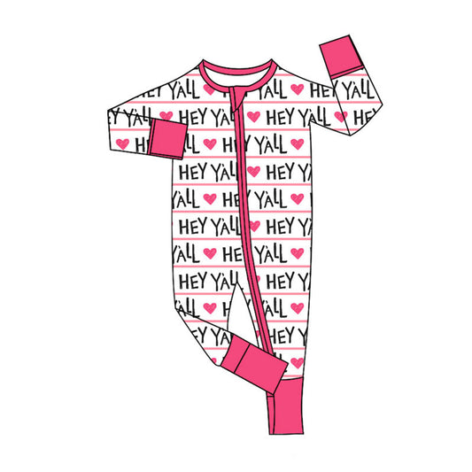 Preorder (moq 5)Baby Girls Pink Hearts Hey Y'all Valentine Zipper Footie Rompers