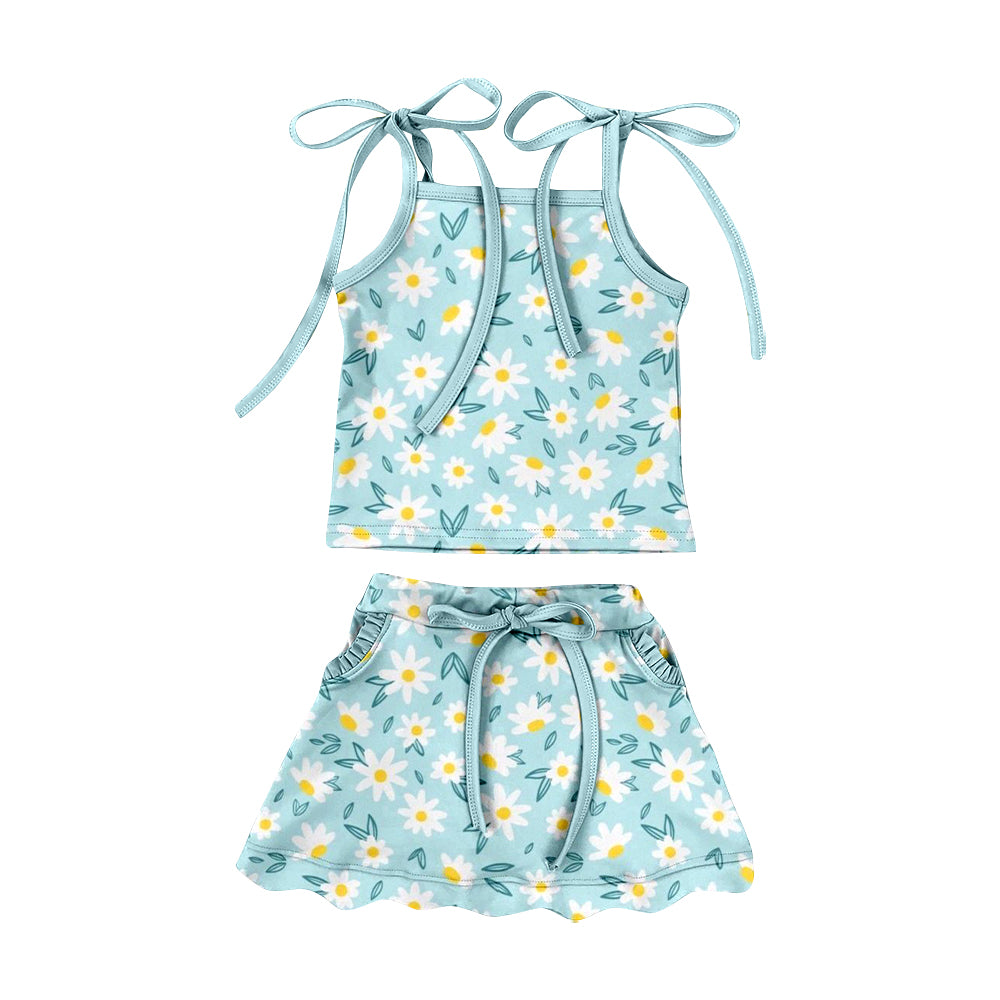 Preorder (moq 5)Baby Girls Daisy Flowers Top Pockets Scallop Skirt Shorts Swimsuits Clothes Set