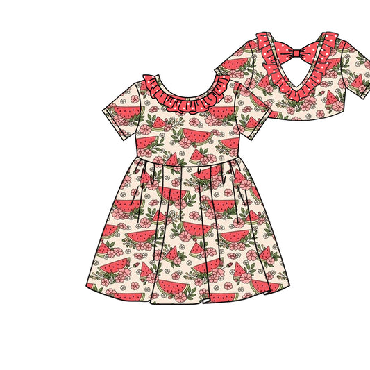 Preorder (moq 5)Baby Girls Watermelon Flowers Back Bow Knee Length Dresses