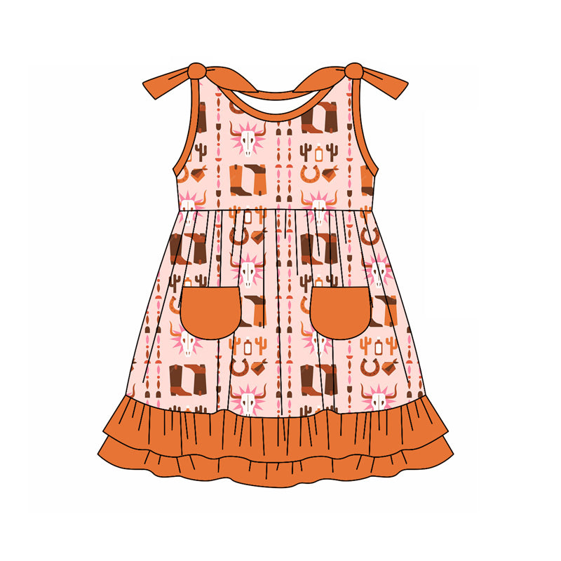 Preorder (moq 5)Baby Girls Western Boots Cow Knee Length Dresses