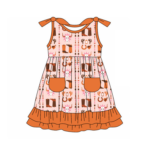 Preorder (moq 5)Baby Girls Western Boots Cow Knee Length Dresses