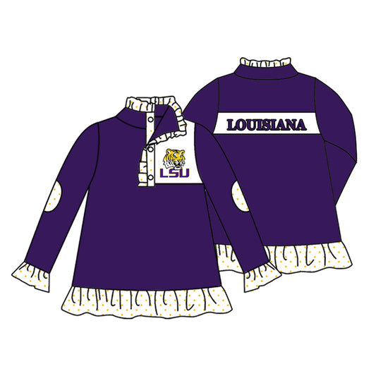 Preorder (moq 5)Baby Girls Purple Long Sleeve LSU Tigers Button Ruffle Team Pullovers Top