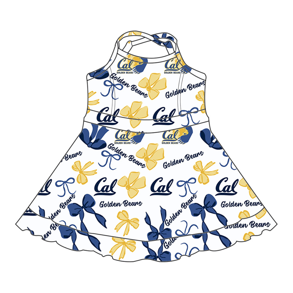 Preorder (moq 5)Baby Girls Strap Bows Plaid Golden Bears Short Ruffle Team Knee Length Dresses