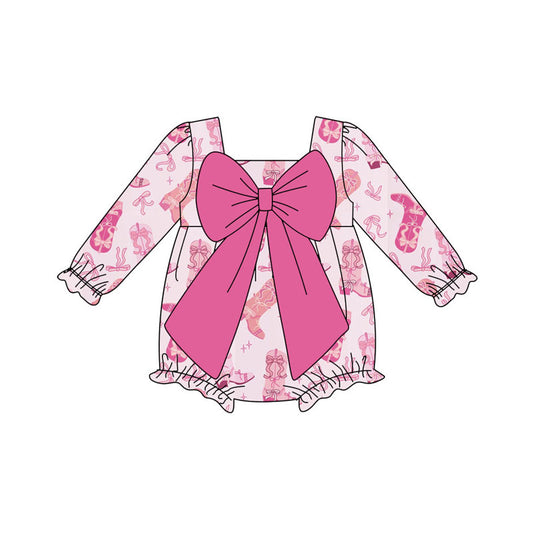 Preorder (moq 8)Baby Girls Pink Boots Bows Ruffle Rompers