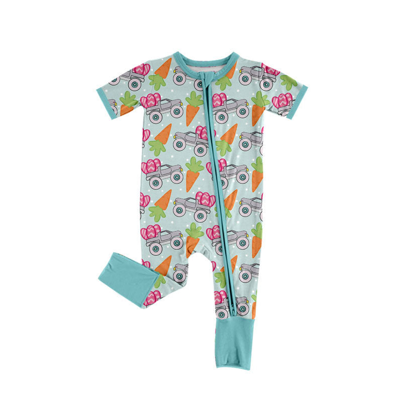 Preorder (moq 5)Baby Boys Trucks Eggs Carrots Easter Zipper Footie Rompers