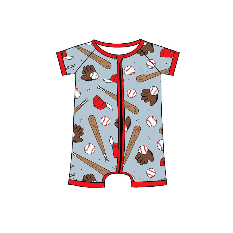Preorder (moq 5) Baby Boy Clothes Baseball Cap Glove Bat Mixed Print Short Sleeve Zipper Baby Romper