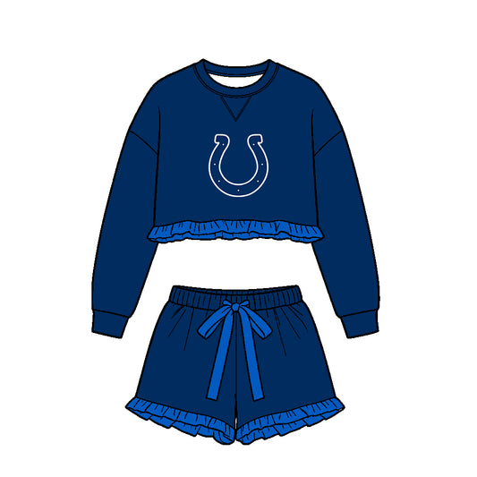Preorder (moq 5)Baby Girls Navy Long Sleeve Colts Top Ruffle Short Team Clothes Set