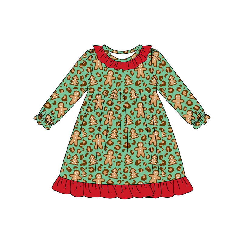 Preorder (moq 5)Baby Girls Green Leopard Gingerbread Christmas Ruffle Knee Length Dress