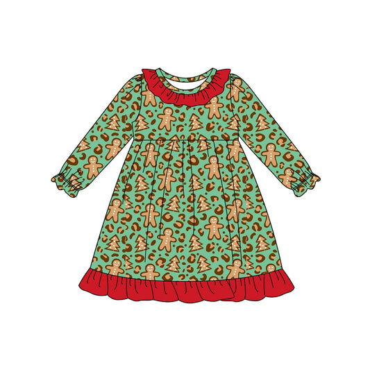 Preorder (moq 5)Baby Girls Green Leopard Gingerbread Christmas Ruffle Knee Length Dress