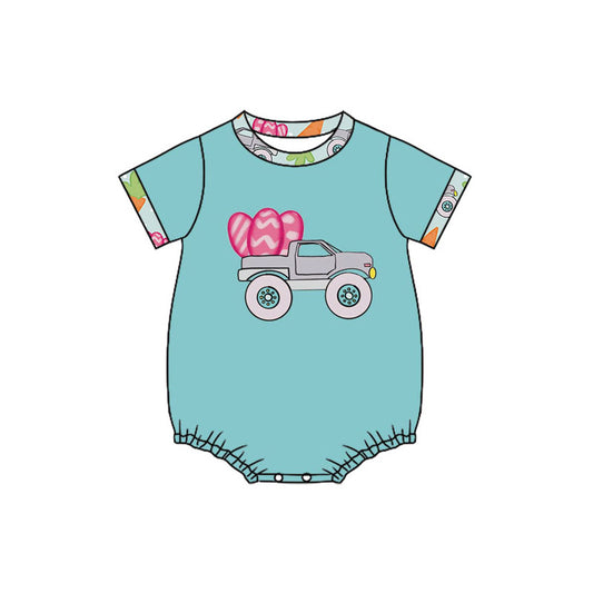 Preorder (moq 5)Baby Boys Short Sleeve Trucks Eggs Easter Rompers