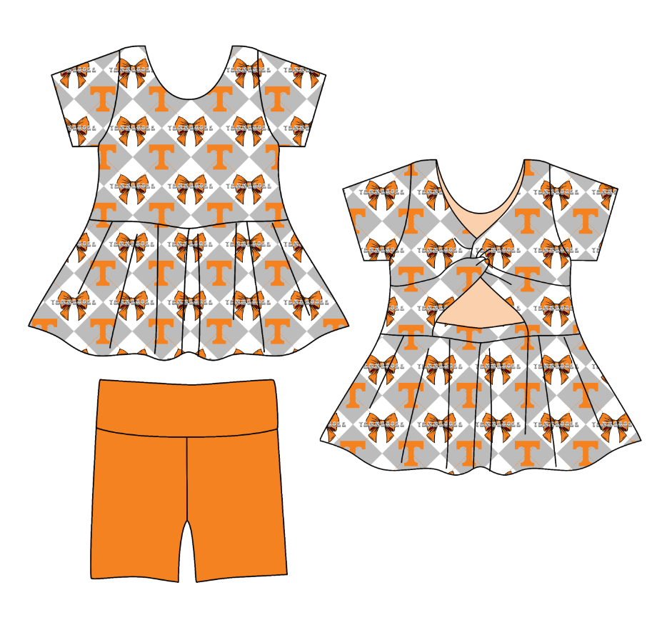 Preorder moq 5 Baby Girls Short Sleeve Tennessee Bows Tunic Shorts Team Clothes Set