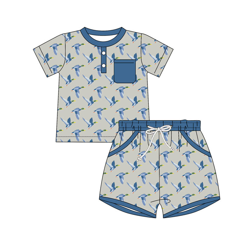 Preorder(moq 5) Baby Boys Blue Ducks Plaid Top Pockets Hunting Clothes Sets