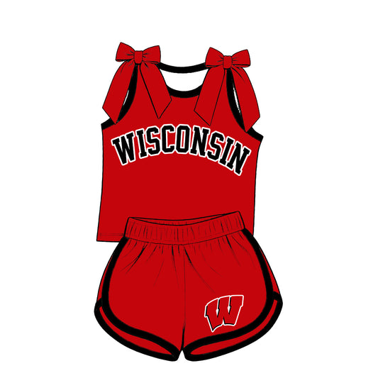 Preorder (moq 5) Baby Girls Red Bows Wisconsin Vest Short Team Clothes Set
