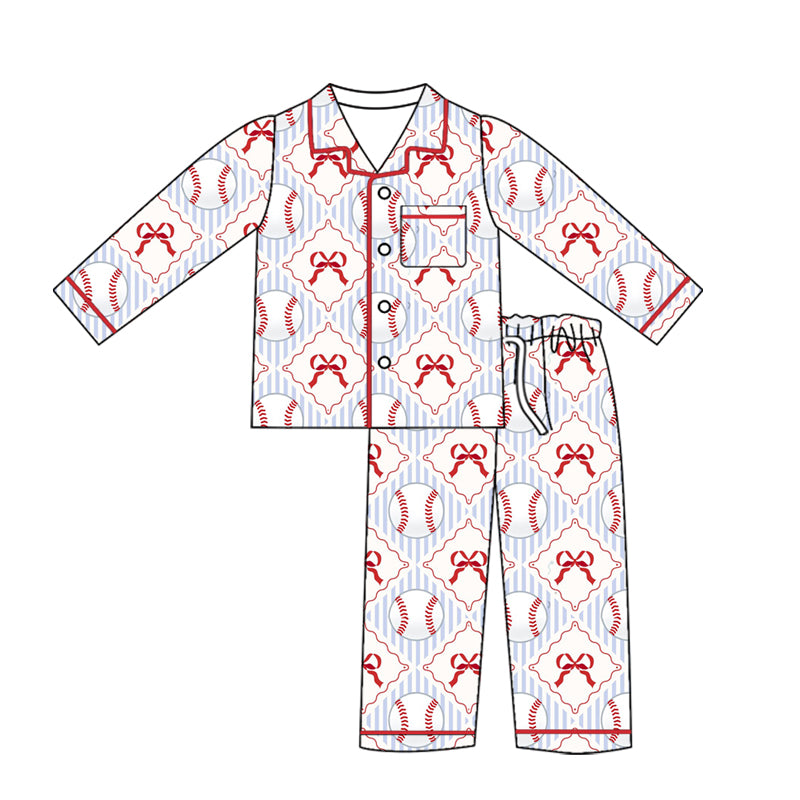 Preorder (moq 5)Baby Girls Bow Baseballs Checked Button Pocket Top Pant Team Pajamas Sets
