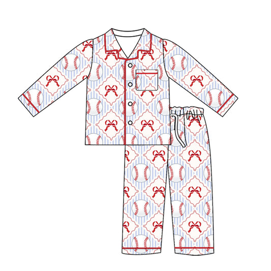 Preorder (moq 5)Baby Girls Bow Baseballs Checked Button Pocket Top Pant Team Pajamas Sets