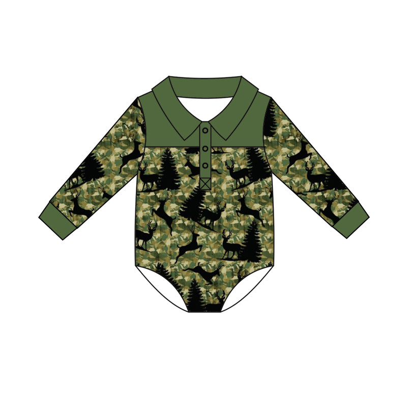 Preorder (moq 5)Baby Boys Long Sleeve Deer Camo Button Hunting Rompers