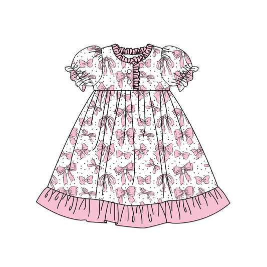 Preorder (moq 5)Baby Girls Short Ruffle Sleeve Bows Polka Dots Ruffle Knee Length Dress