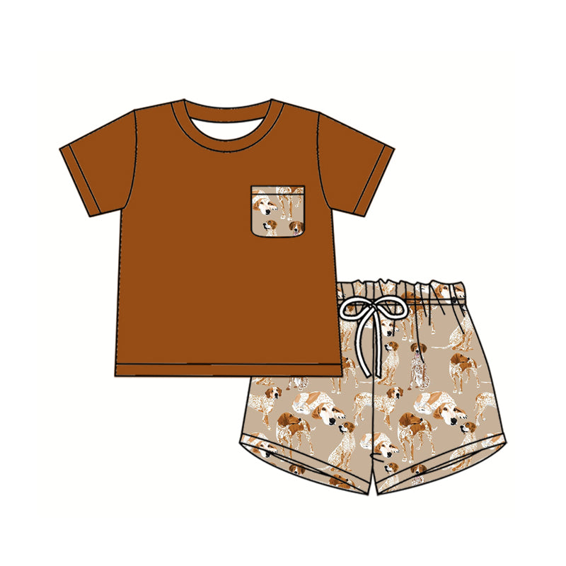 Preorder (moq 5)Baby Boys Brown Short Sleeves Pocket Top Dogs Shorts Set Preorder