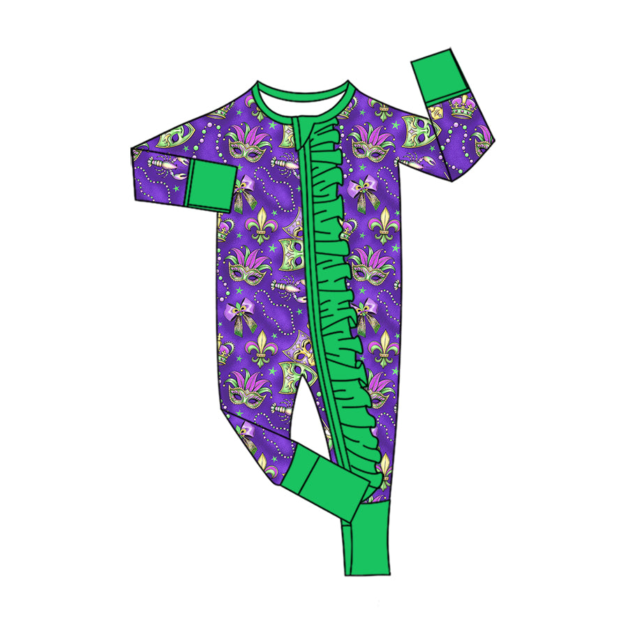 Preorder (moq 5) Baby Girls Mardigras Masks Two Way Ruffle Zip Convertible Rompers