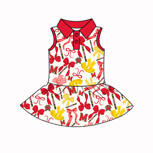 Preorder (moq 5)Baby Girls Sleeveless Red Yellow M Bows Plaid Button Team Knee Length Dresses