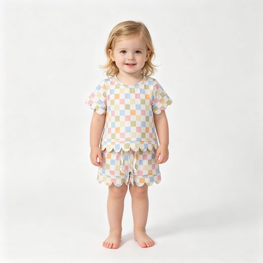 Baby Girls Colorful Checked Top Pockets Shorts Scallop Clothes Set
