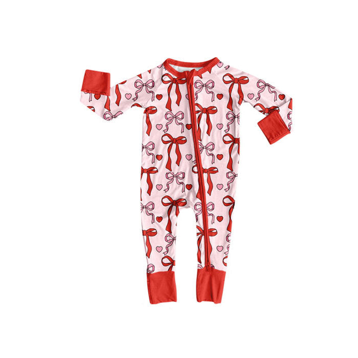 Preorder(moq 8)Baby Girls Red Hearts Bows Valentine Zipper Footie Rompers