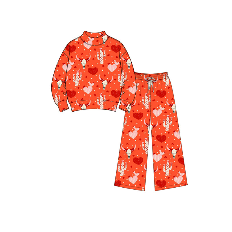 Preorder (moq5) Girls’ Red Bull Head, Cactus & Star Print Corduroy 2-Piece Set, Mock Neck Long-Sleeve Top with Wide-Leg Pants, Fall Outfit