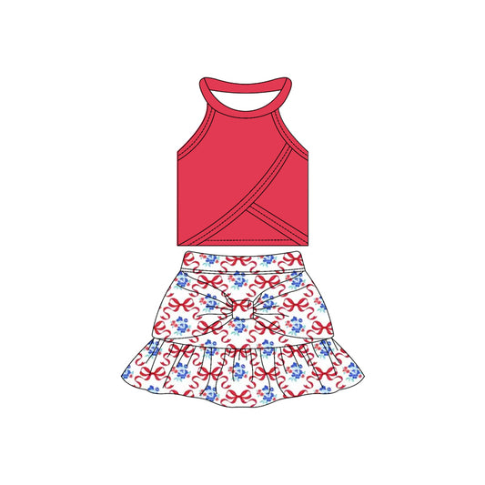 Preorder moq 10 Baby Girls Sleeveless Red Vest Top Flowers Bows Ruffle Short Skirts Activity Wear Yoga Set