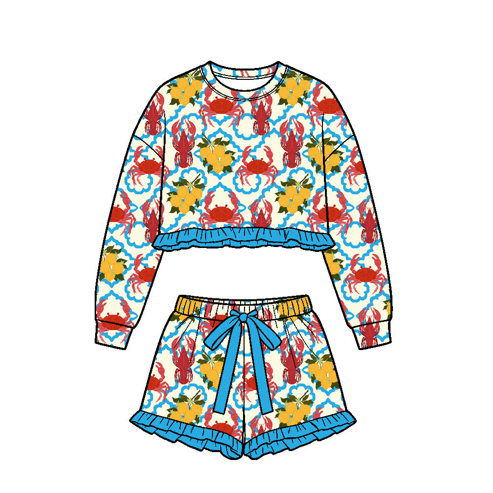 Preorder (moq 5) Girls Crab Lemon Blue Quatrefoil Print Long Sleeve Crop Top Ruffle Shorts Boutique Outfits Clothes Sets