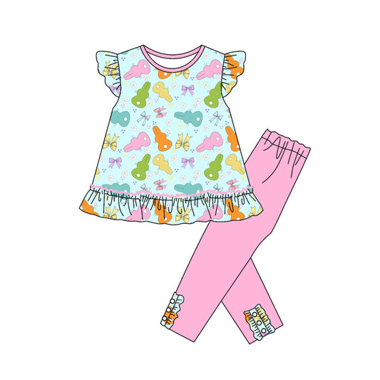 Preorder(moq 8)Baby Girls Colorful Bows Rabbits Flutter Tunic Leggings Easter Clothes Sets