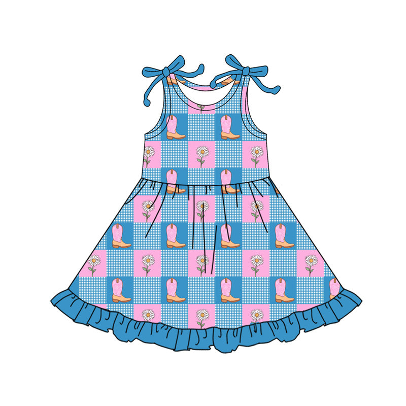 Preorder (moq 5)Baby Girls Boot Flowers Checked Western Ruffle Knee Length Dresses