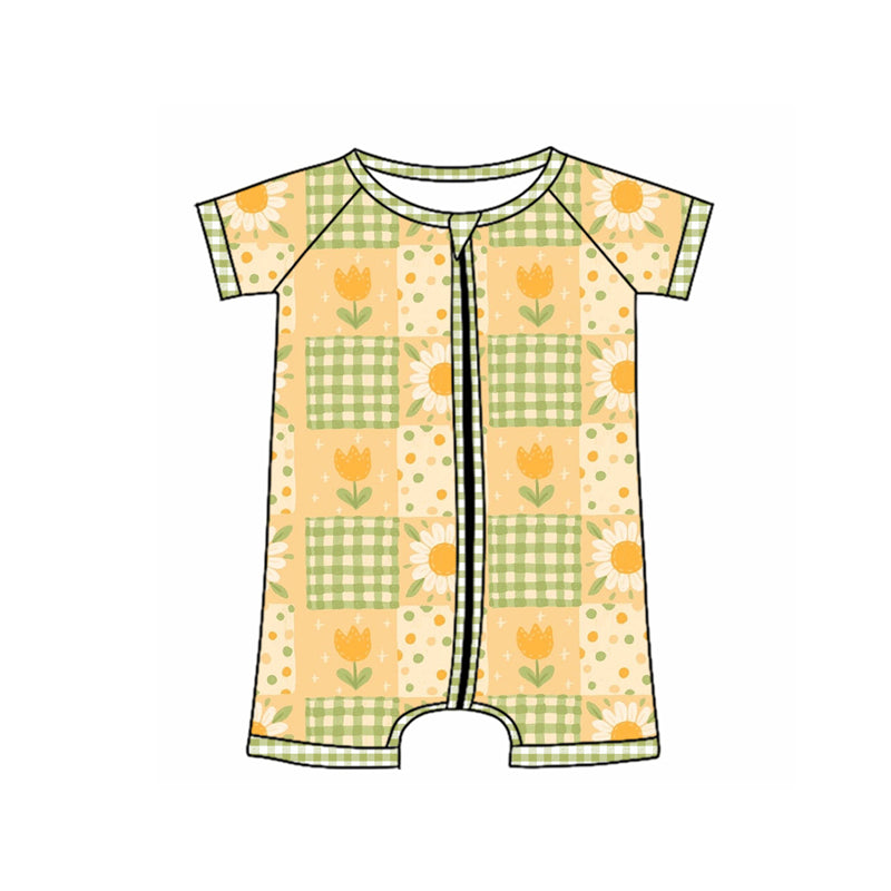 Preorder (moq 5)Baby Boys Yellow Short Sleeves Daisy Flowers Plaid Zipper Rompers