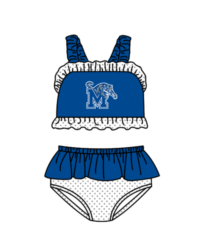 Preorder moq 5 Baby Girls Strap Blue M Tigers Vest Top Bummies Short Team Swimsuits