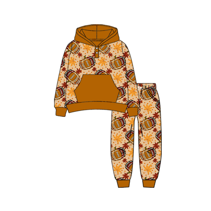 Preorder (moq 5)Baby Boys Long Sleeves Football Pumpkins Button Pocket Hoodies Legging Pants Set