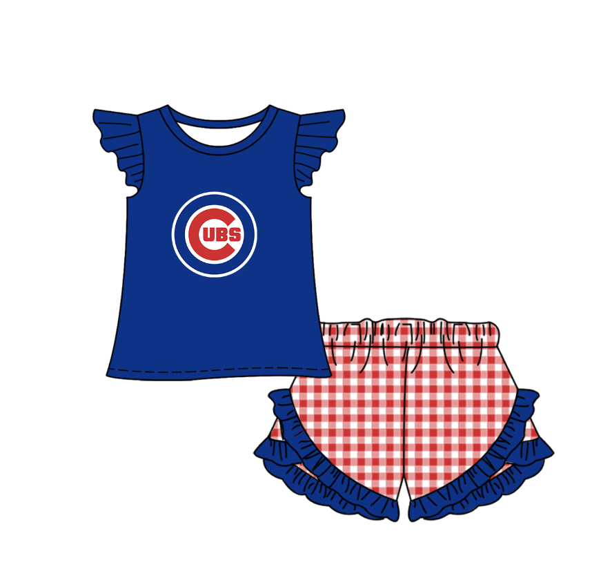 Preorder (moq 5)Baby Girls Cubs Top Checked Ruffle Short Team Clothes Set