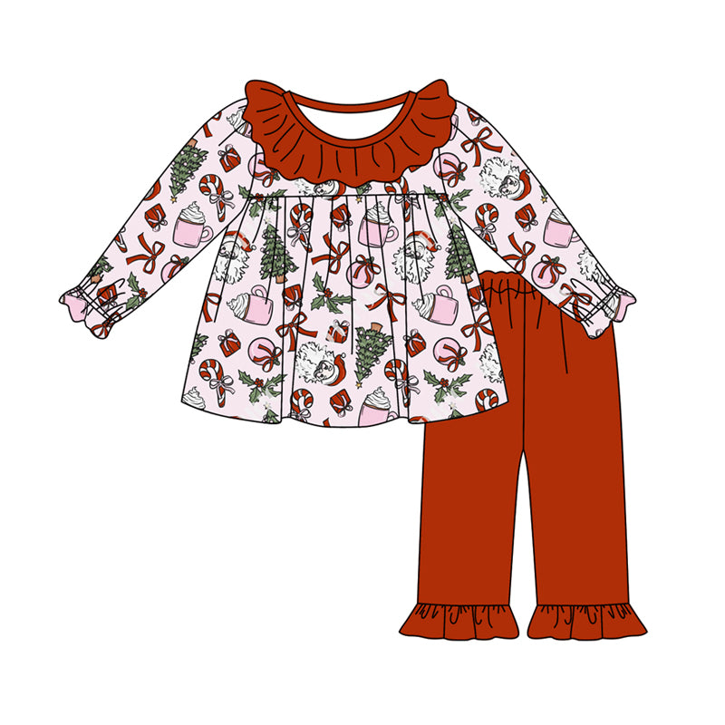 Preorder (moq 5)Baby Girls Long Sleeves Bows Trees Tunic Red Ruffle Pant Clothes Set