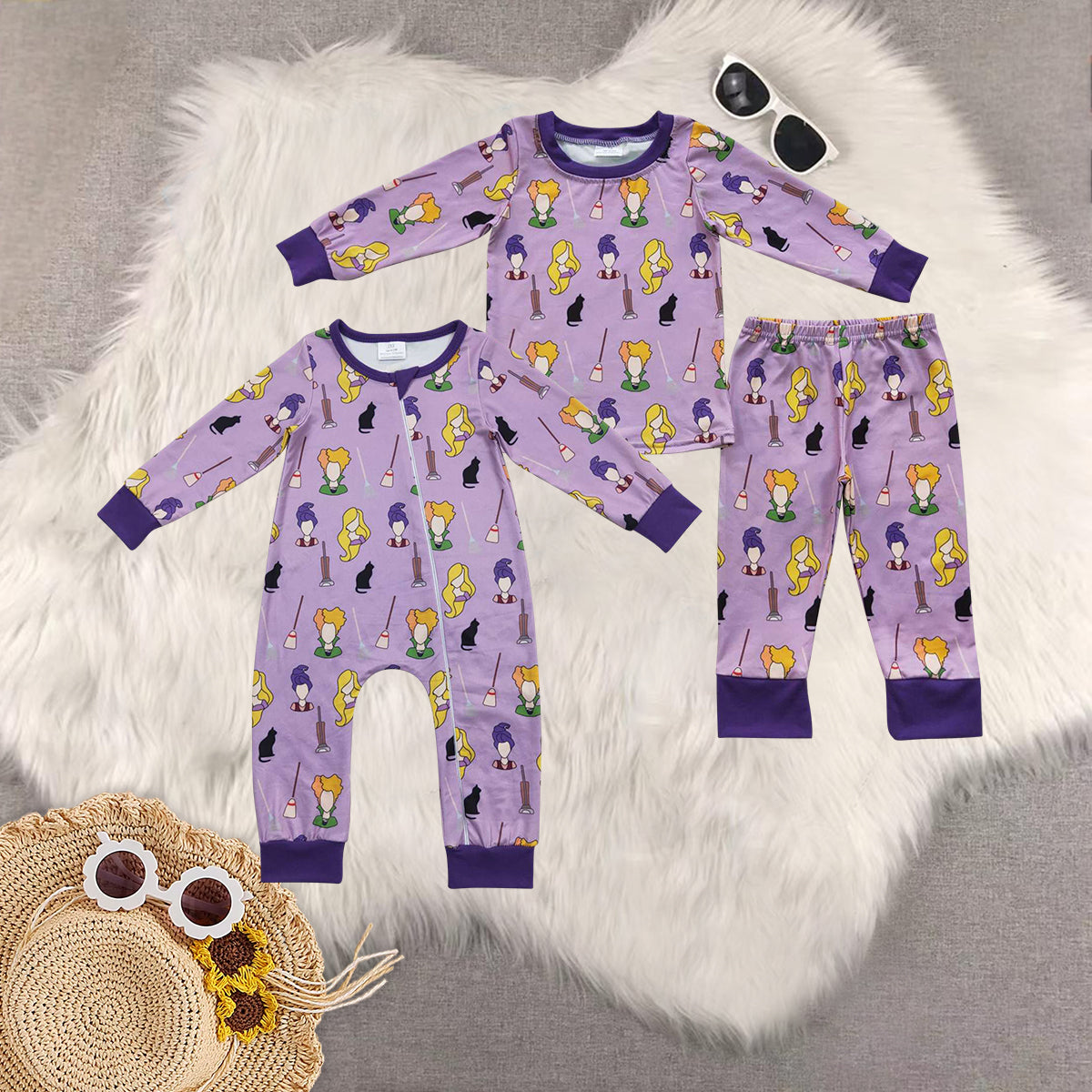 Sibling Baby Girls Halloween Purple Witches Pajamas Clothes Sets Romper