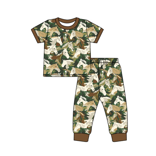 Preorder (moq 5)Baby Boys Green Short Sleeves Horses Top Pant Pajamas Set