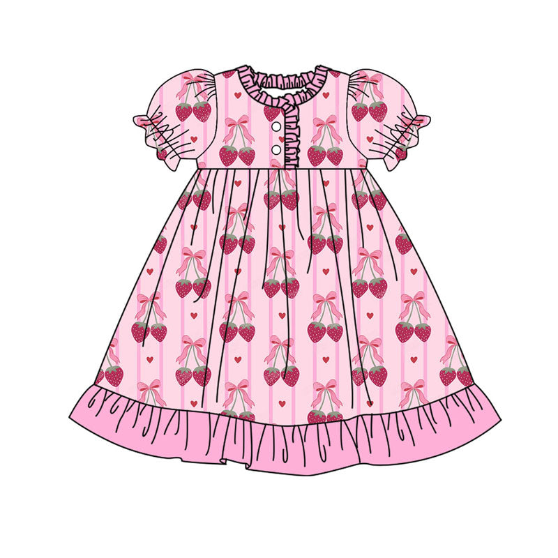 Preorder(moq 8)Baby Girls Bows Strawberry Hearts Stripe Button Ruffle Knee Length Dress