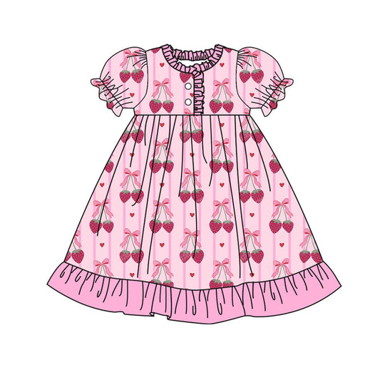 Preorder(moq 8)Baby Girls Bows Strawberry Hearts Stripe Button Ruffle Knee Length Dress