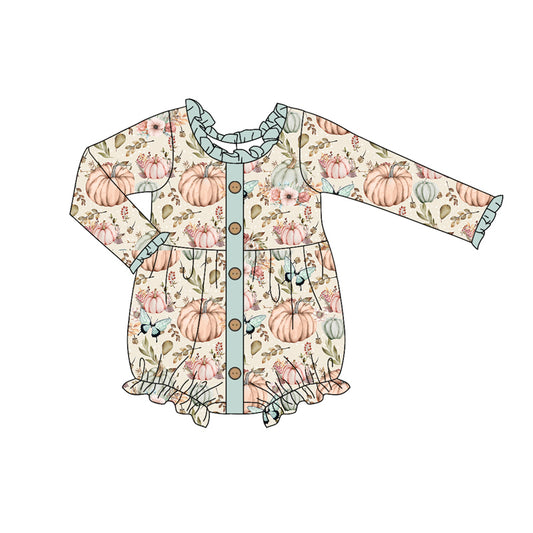 Preorder (moq 5)Baby Girls Long Ruffle Sleeves Pumpkins Butterfly Button Rompers