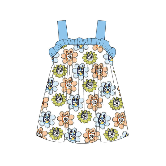 Preorder (moq 5)Baby Girls Blue Strap Cartoon Dogs Flowers Knee Length Dress