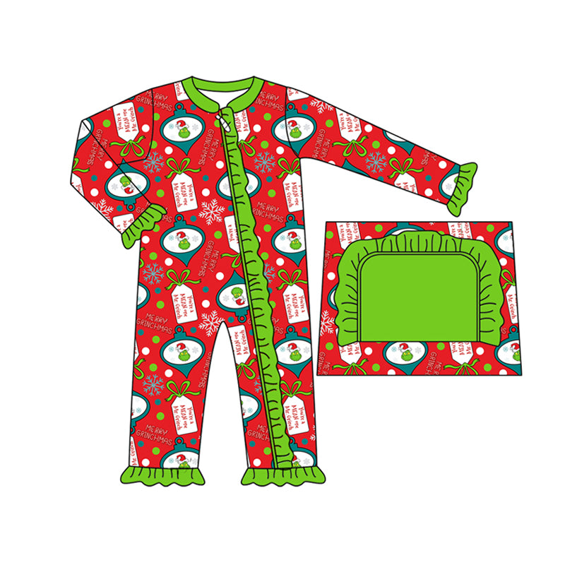 Preorder(moq 5)Baby Girls Long Sleeves Green Faces Bows Plaid Ruffle Zipper Rompers