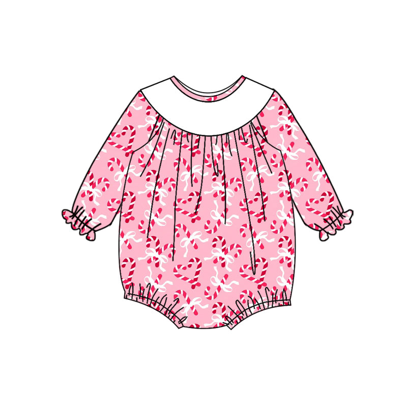 Preorder (moq 5)Baby Girls Long Sleeves Pink Bows Candy Cane Plaid Ruffle Romper