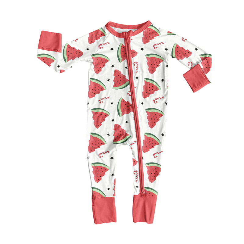 preorder(moq 5)Baby Infant Boys Long Sleeves Watermelon Candy Cane Christmas Zipper Rompers