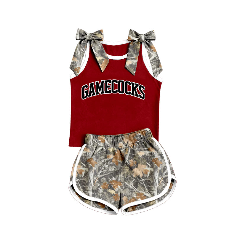 Preorder (moq 5) Baby Girls Camo Bows Sleeveless Gamecocks Vest Short Team Clothes Set
