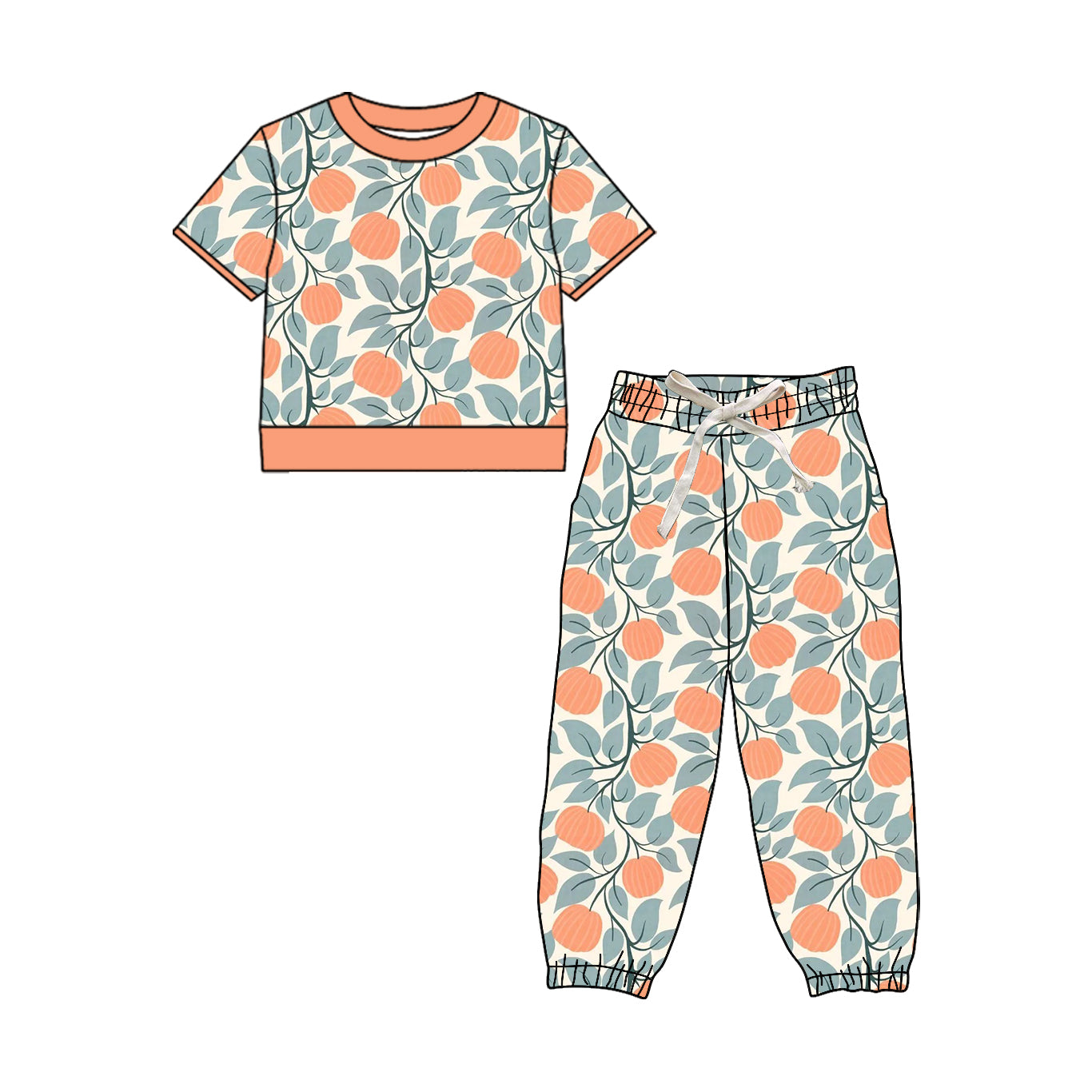 Preorder (moq 5)Baby Girls Short Sleeve Pumpkins Top Jogger Pant Fall Clothes Sets