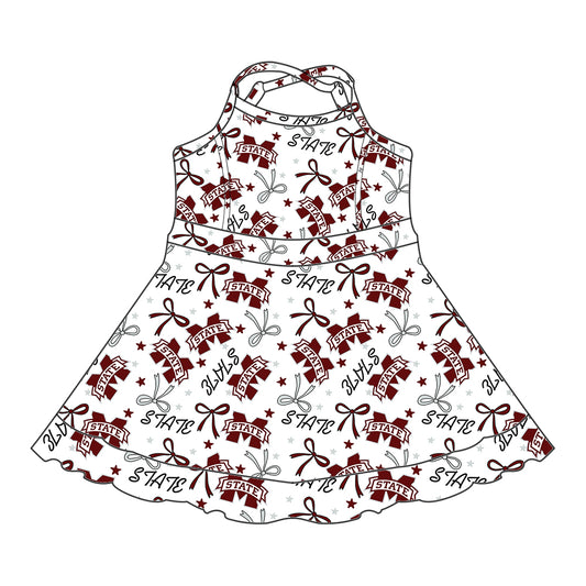 Preorder (moq 5)Baby Girls Strap Brown M State Bows Stars Ruffle Short Team Knee Length Dresses